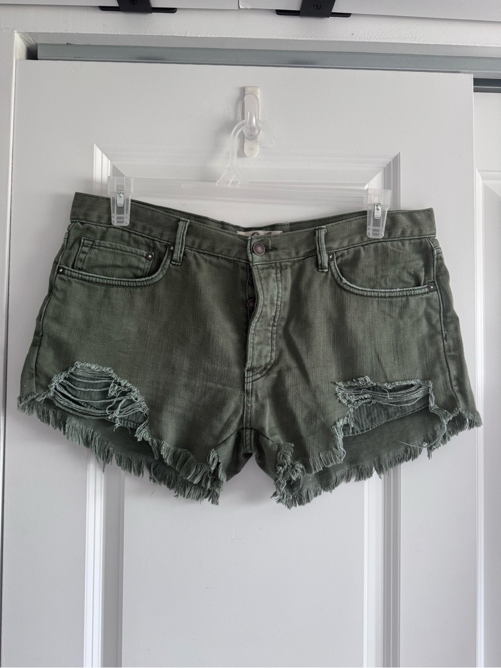 We The Free Olive Green Distressed Denim Shorts